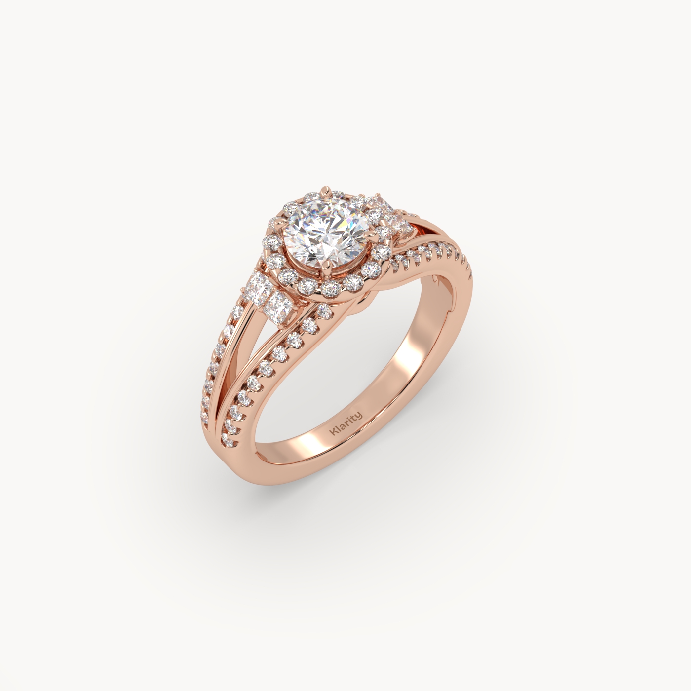 18k rose gold  halo round diamond split-shank engagement ring – 0.60ct centre mount