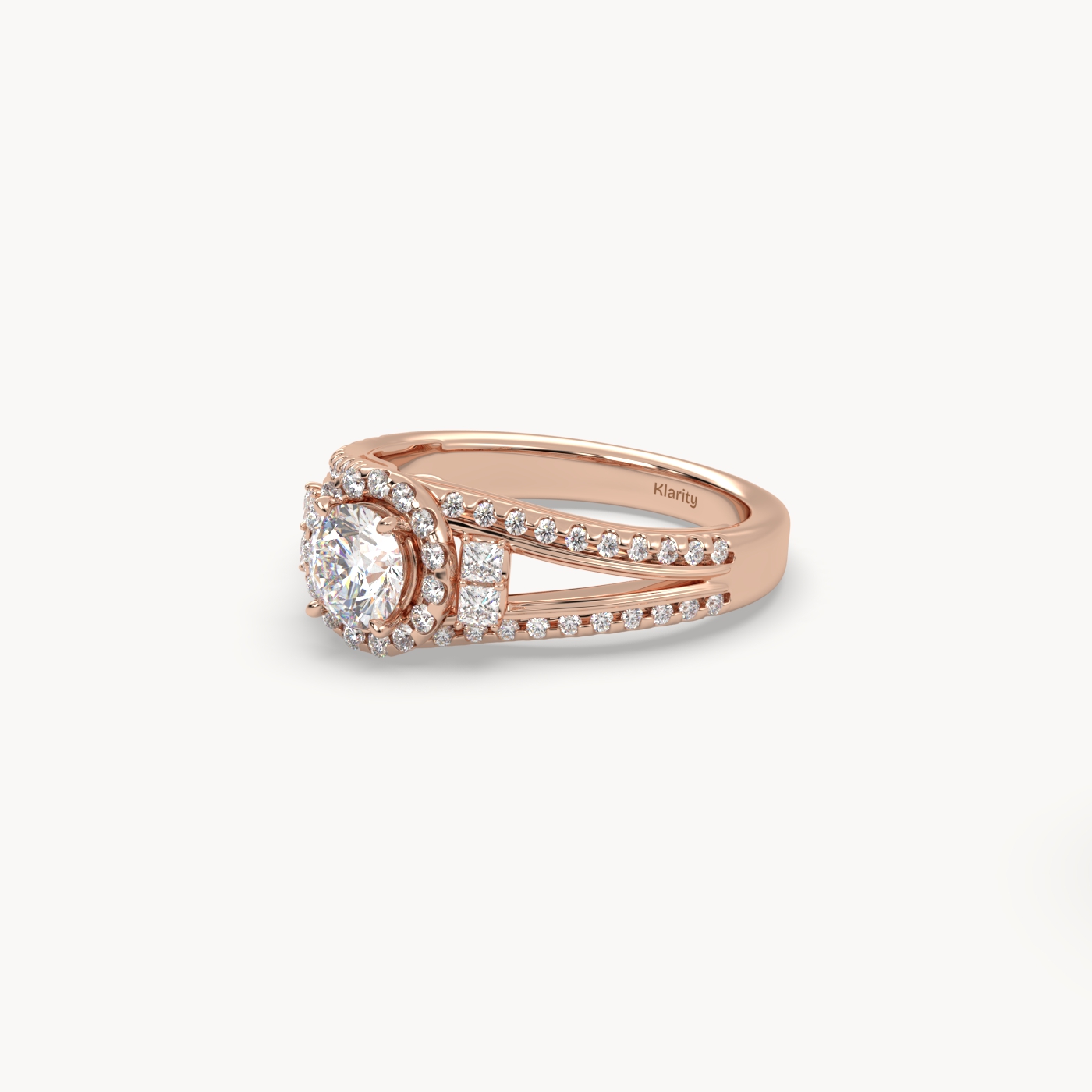 18k rose gold  halo round diamond split-shank engagement ring – 0.60ct centre mount