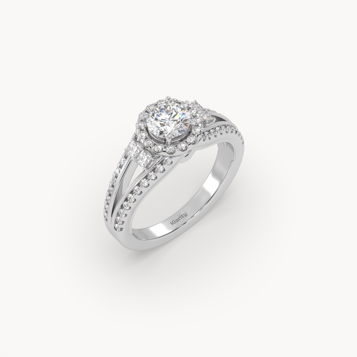 pt platinum  halo round diamond split-shank engagement ring – 0.60ct centre mount