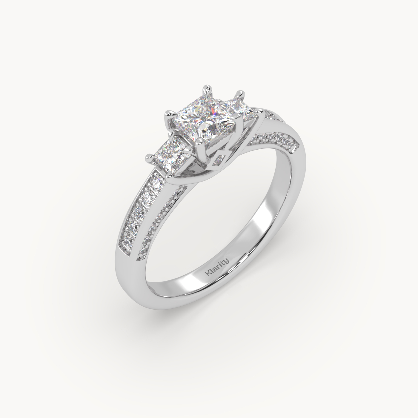 18k white gold  princess cut sidestone diamond engagement ring – elegant multi-stone bridal ring